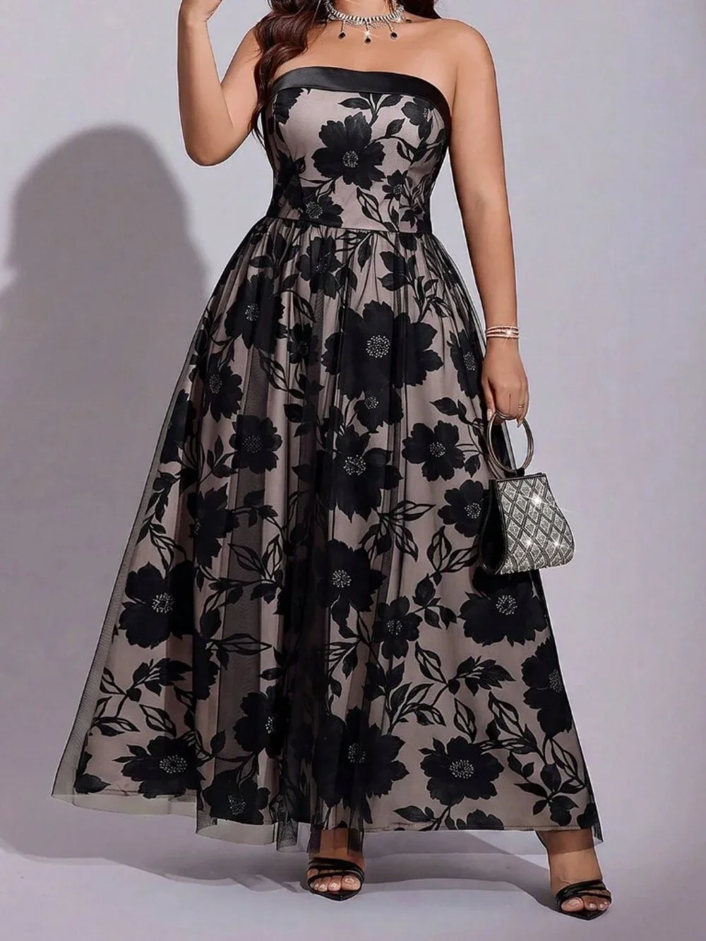 Khaki Elegant Women's Contrast Mesh Zipper Strapless Long A-Line Dress